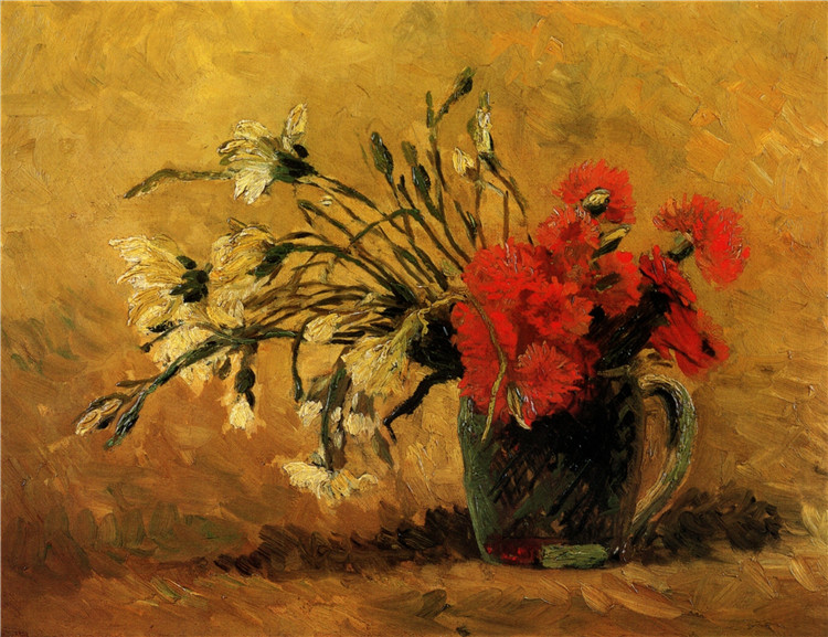 Vase With Red And White Carnations On Yellow Background